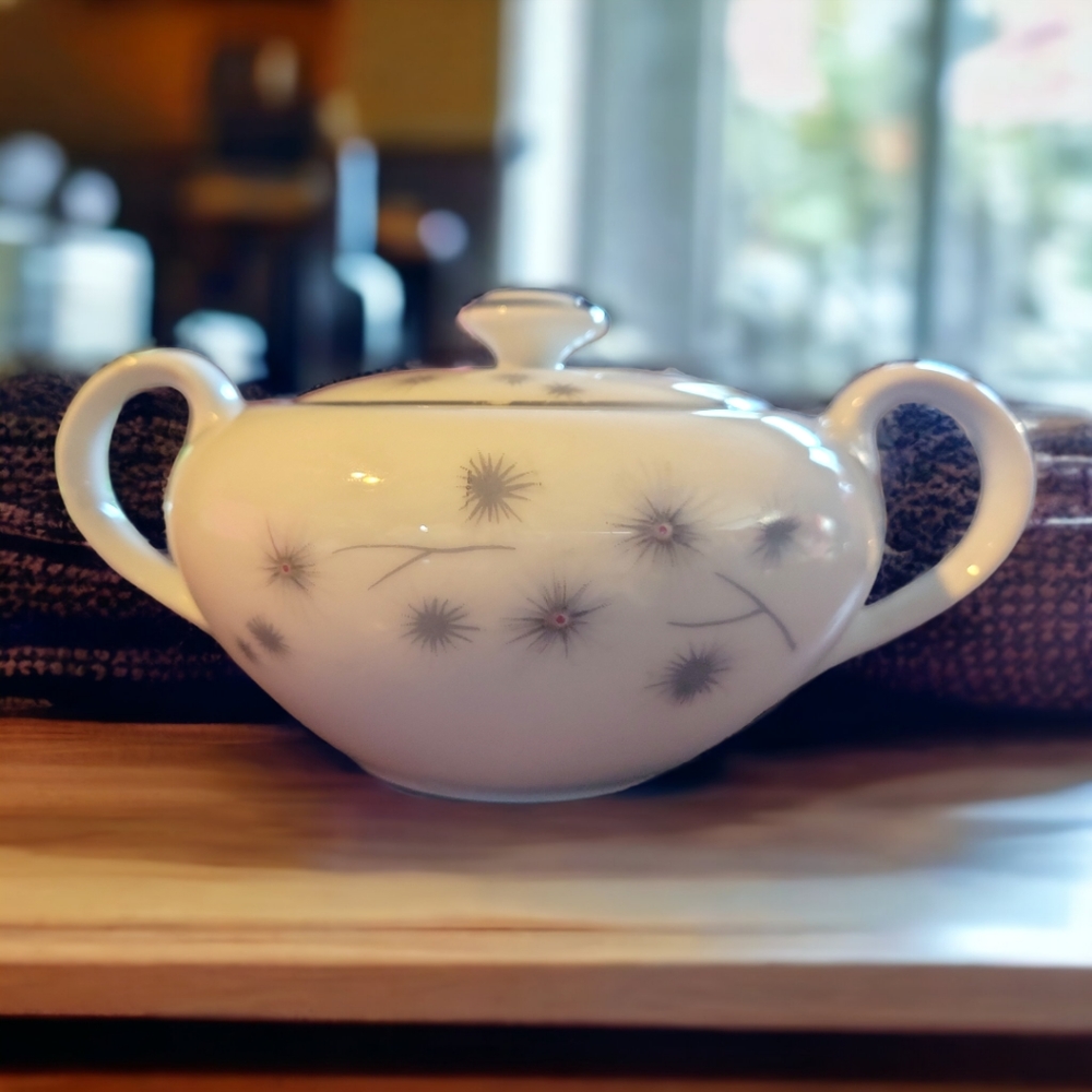 Vtg Platinum Star Burst Creative Lidded Sugar Bowl Dish #1014